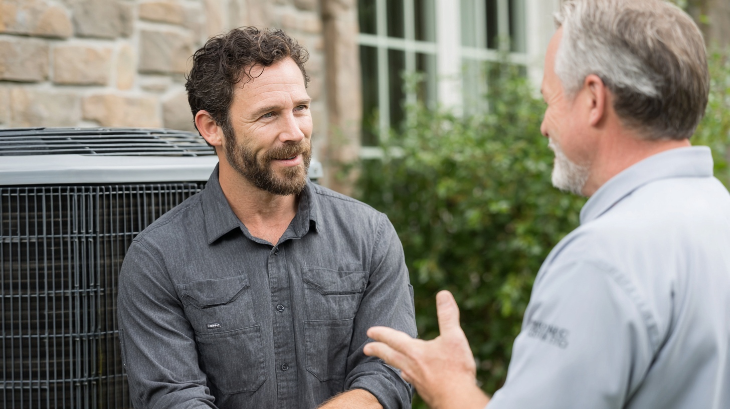 Homeowner talking with an HVAC contractor by a condenser